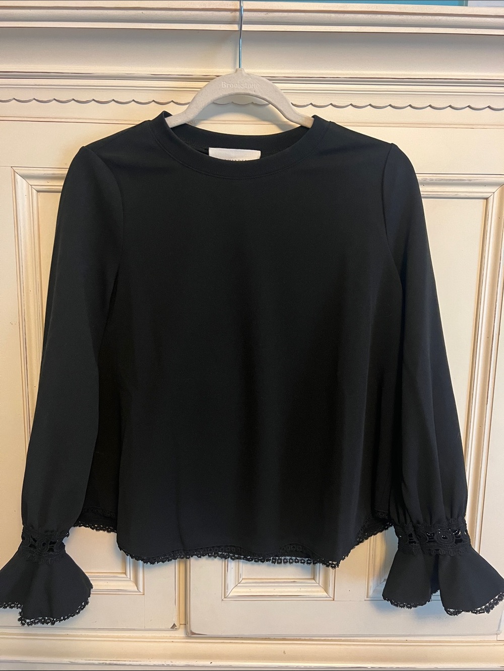 Pomander Place Black Long-Sleeve Blouse with Lace Trim